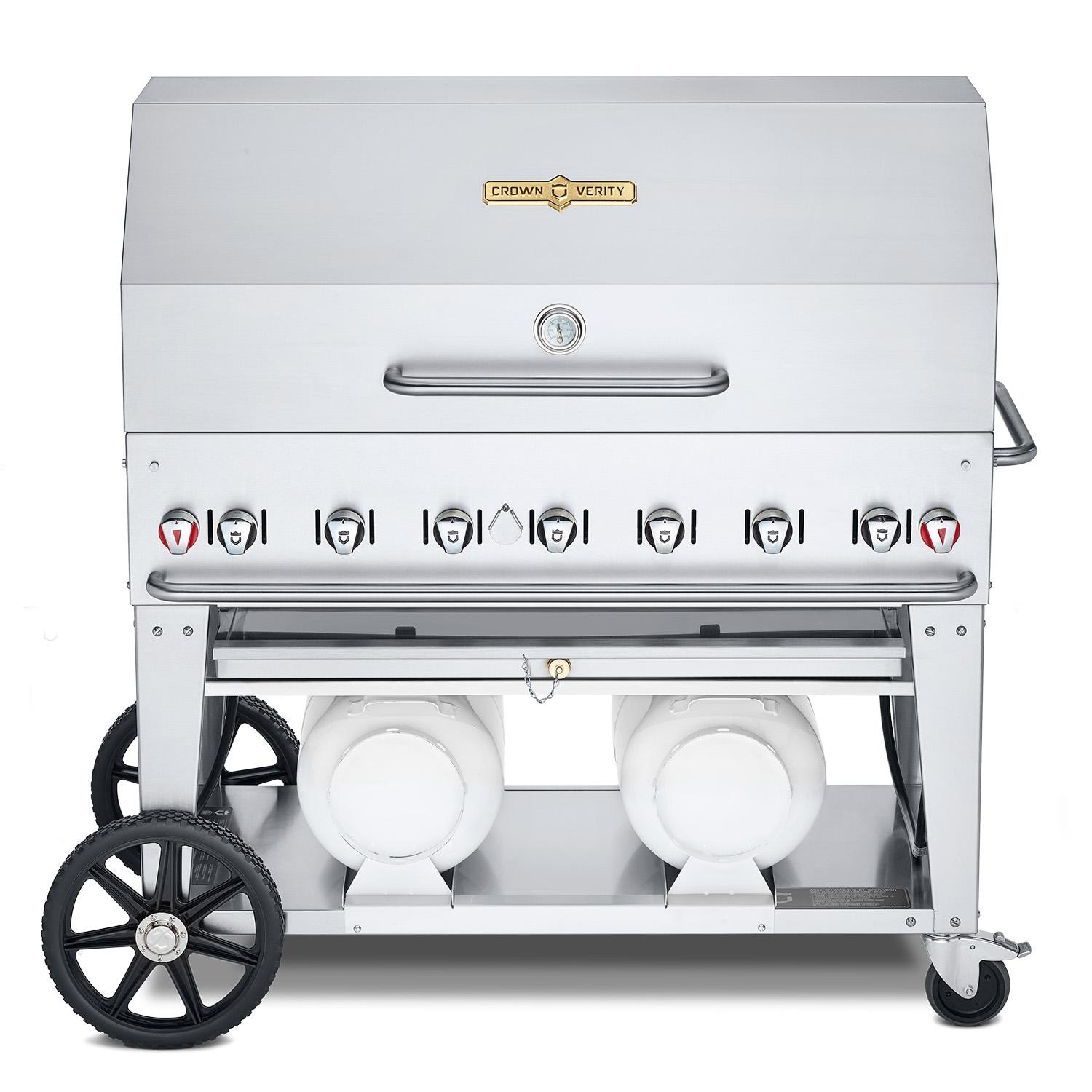 Crown Verity Professional Club Series 48-Inch 7-Burner Stainless Steel Freestanding Propane Gas Grill with Dome Package & Horizontal Tank Storage