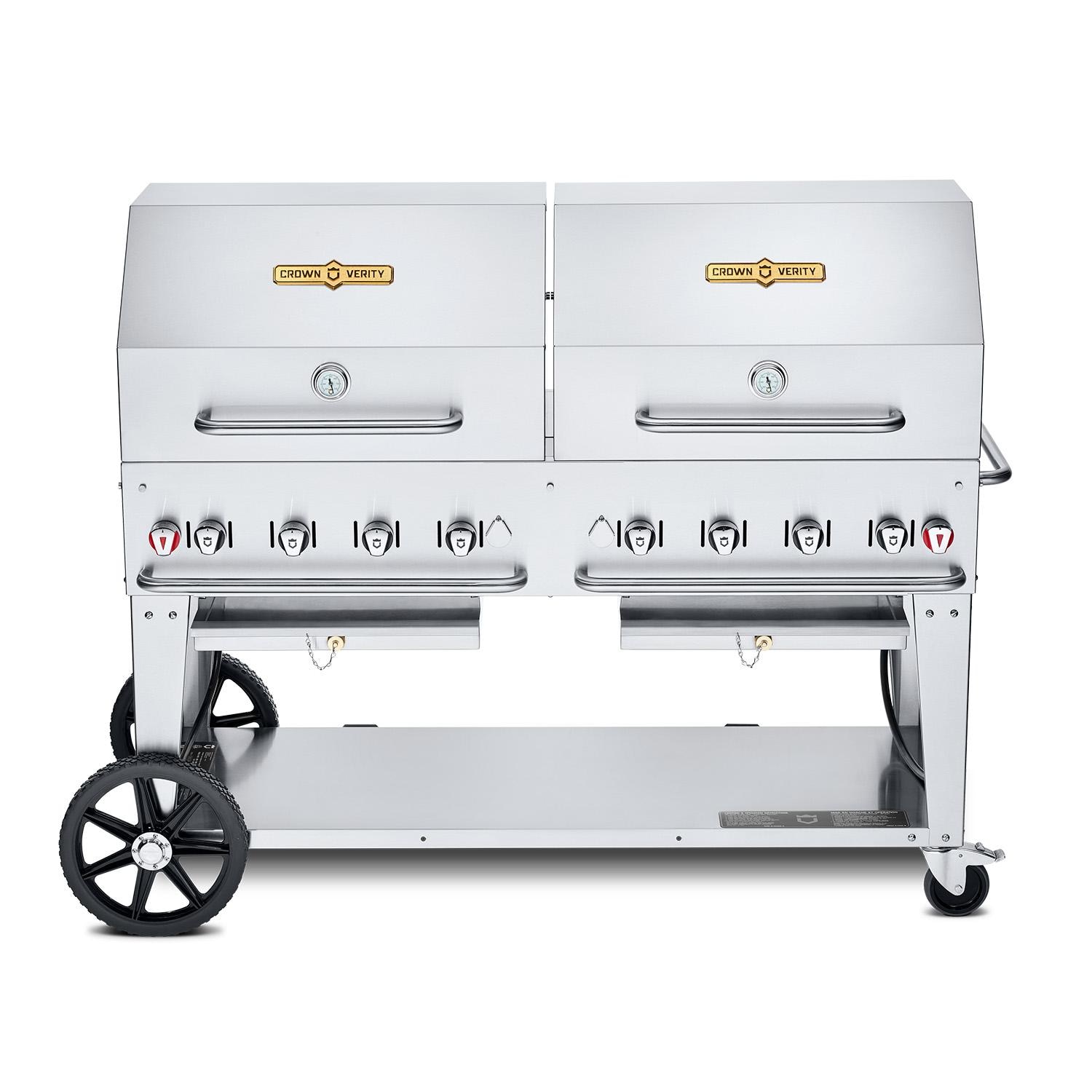 Crown Verity Professional Mobile Series 60-Inch 8-Burner Stainless Steel Freestanding Propane Gas Grill with Double Dome Package - 20 Lb Propane Tank