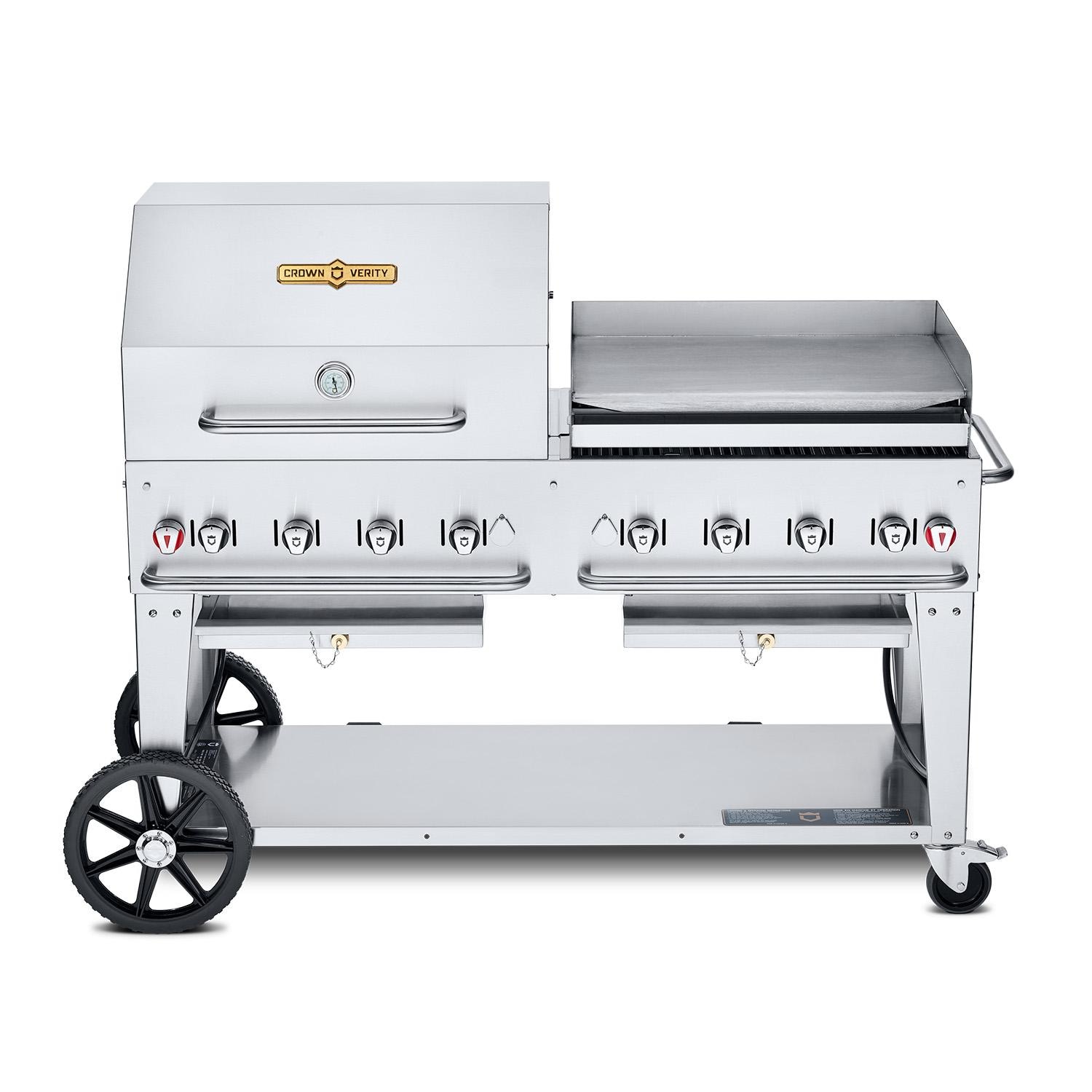 Crown Verity Professional Mobile Series 60-Inch 8-Burner Stainless Steel Freestanding Natural Gas Grill with Single Dome Package & Griddle