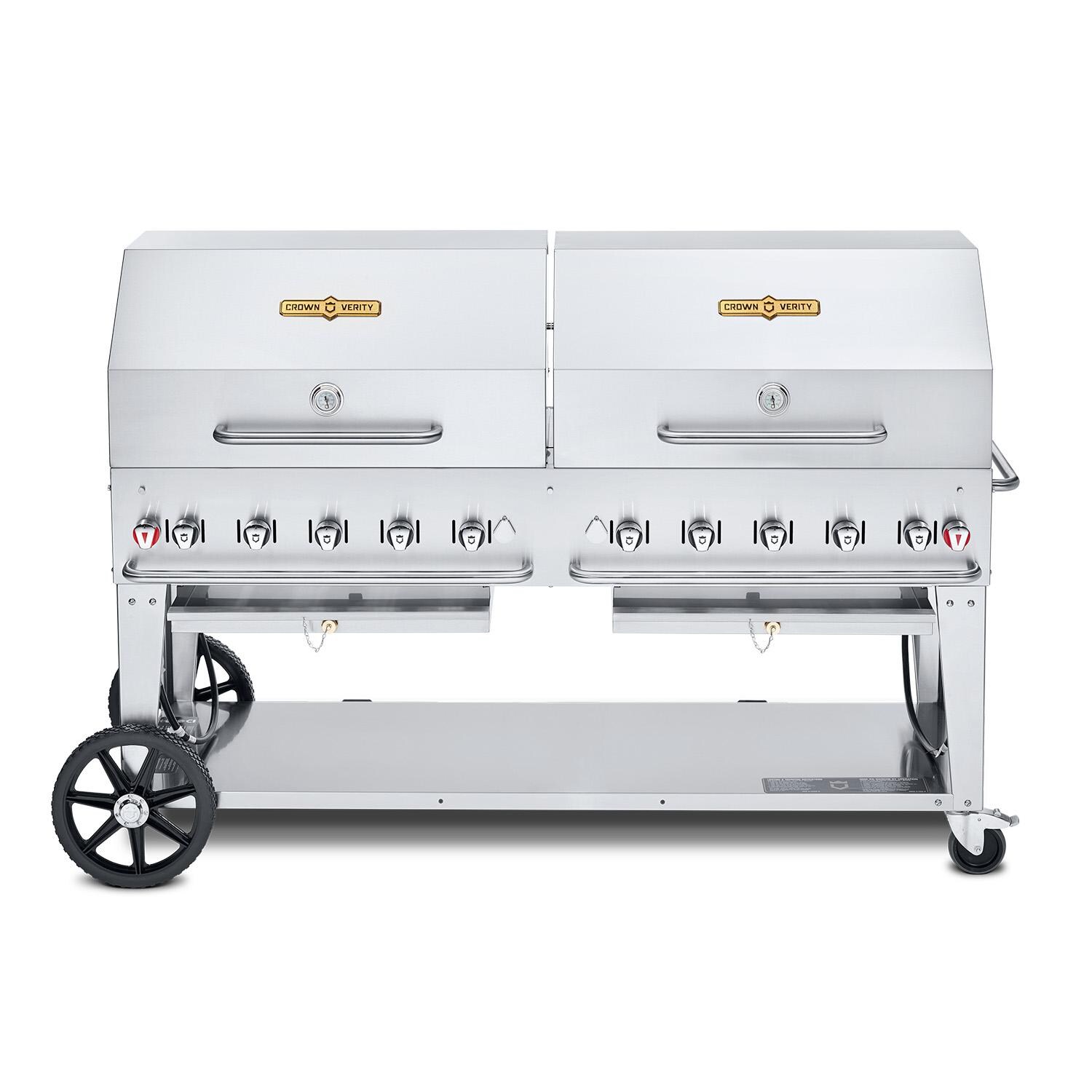 Crown Verity Professional Mobile Series 72-Inch 10-Burner Stainless Steel Freestanding Propane Gas Grill with Double Dome Package - Single Inlet (Bulk Tanks Only)