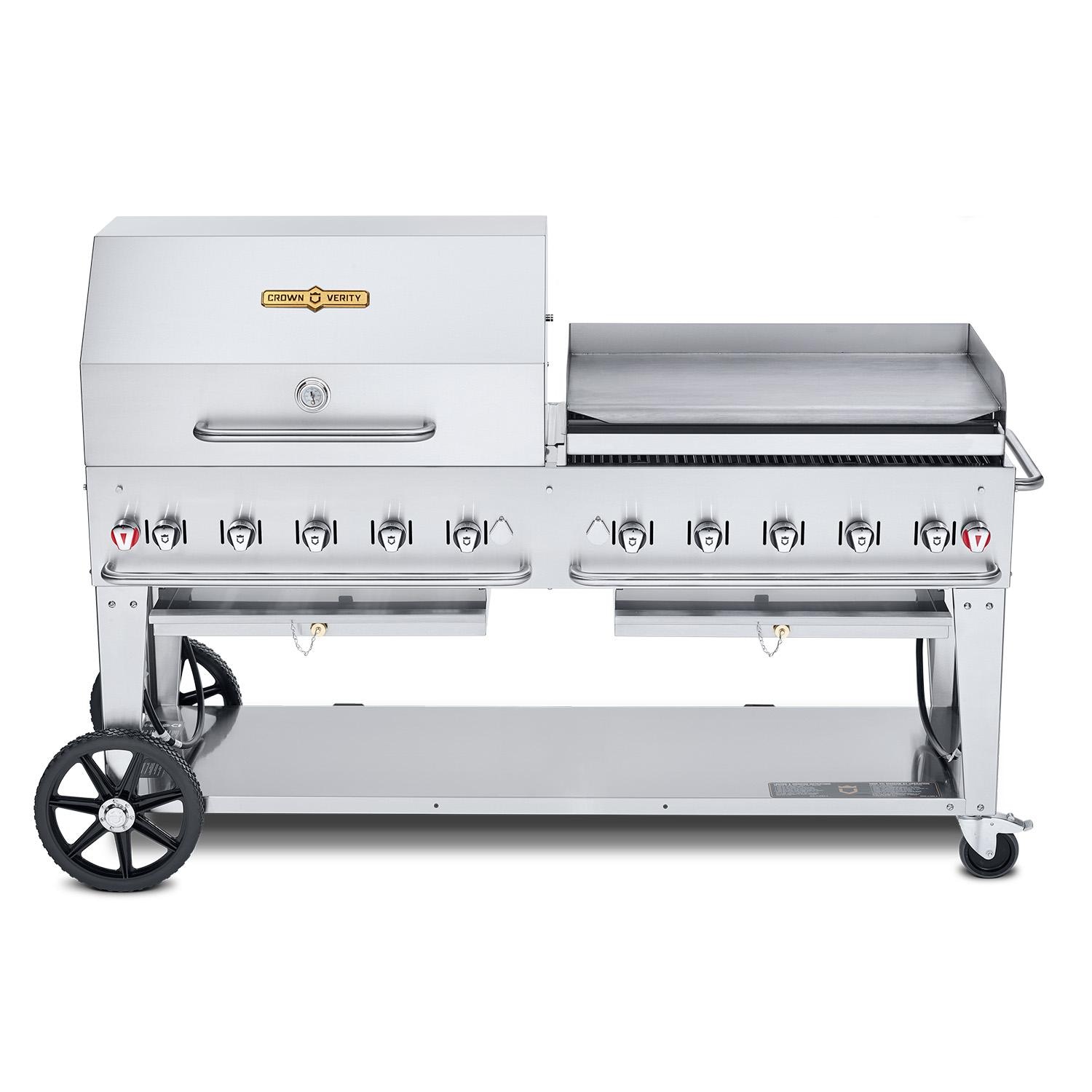 Crown Verity Professional Mobile Series 72-Inch 10-Burner Stainless Steel Freestanding Propane Gas Grill with Single Dome Package & Griddle - 20 Lb Propane Tank