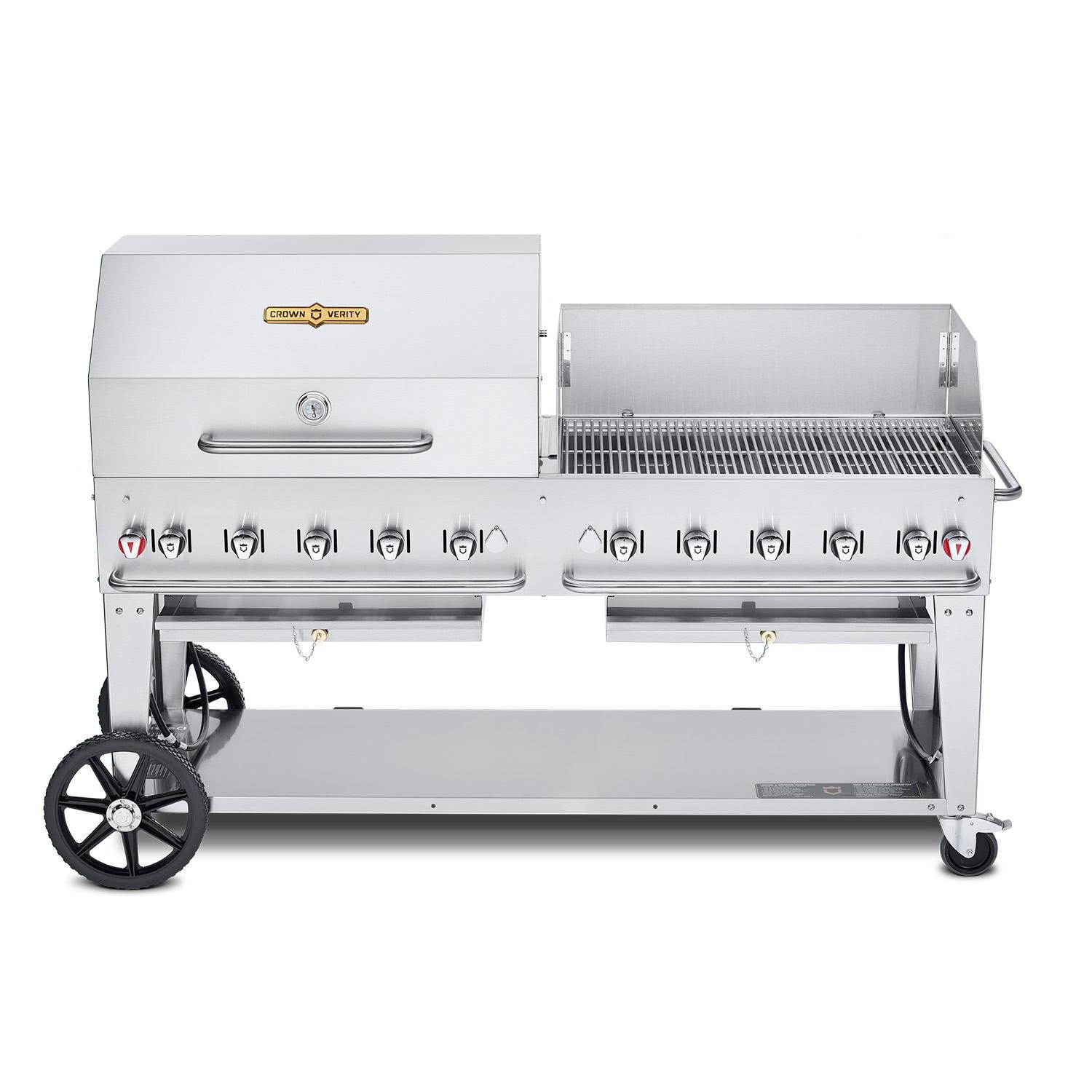 Crown Verity Professional Mobile Series 72-Inch 10-Burner Stainless Steel Freestanding Propane Gas Grill with Single Dome Package & Windguard - Single Inlet (Bulk Tanks Only)