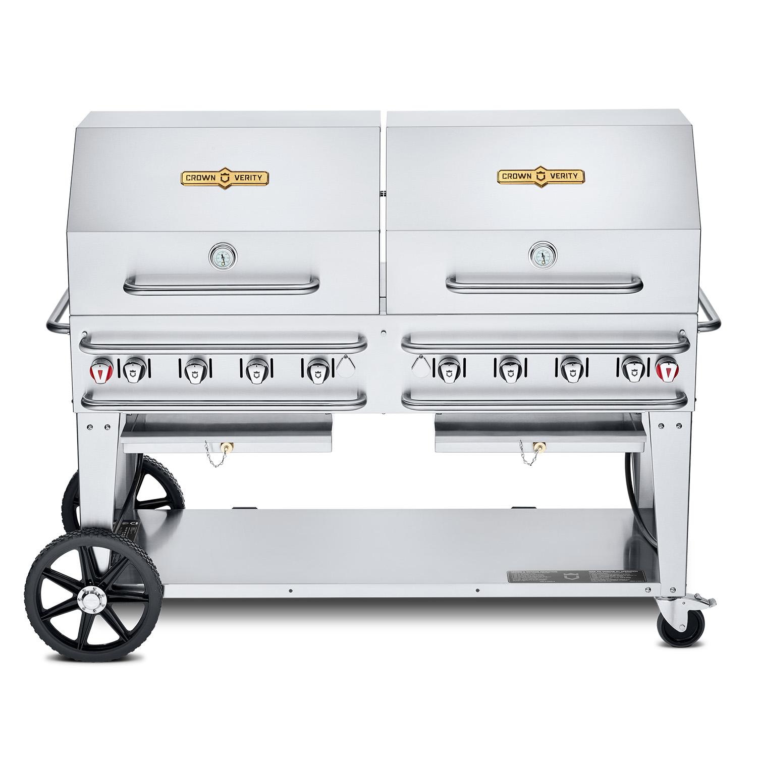Crown Verity Professional Rental Series 60-Inch 8-Burner Stainless Steel Freestanding Propane Gas Grill with Double Dome Package - 20 Lb Propane Tank