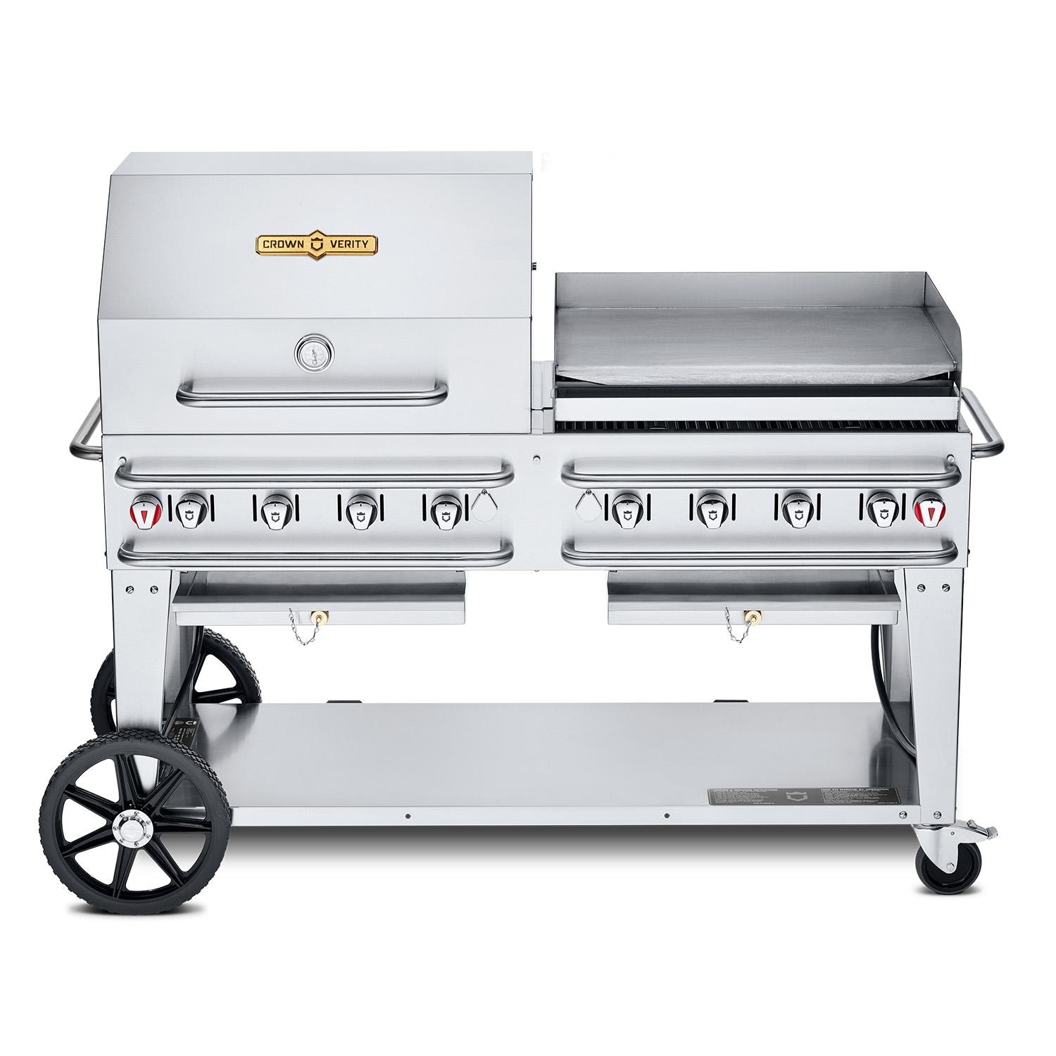 Crown Verity Professional Rental Series 60-Inch 8-Burner Stainless Steel Freestanding Propane Gas Grill with Single Dome Package & Griddle - 20 Lb Propane Tank