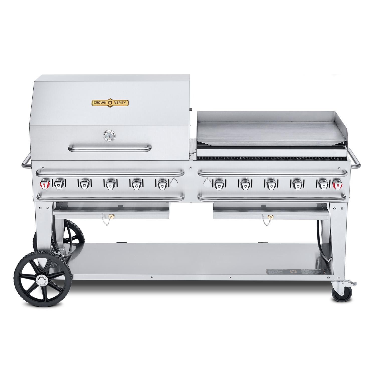 Crown Verity Professional Rental Series 72-Inch 10-Burner Stainless Steel Freestanding Propane Gas Grill with Single Dome Package & Griddle - 20 Lb Propane Tank