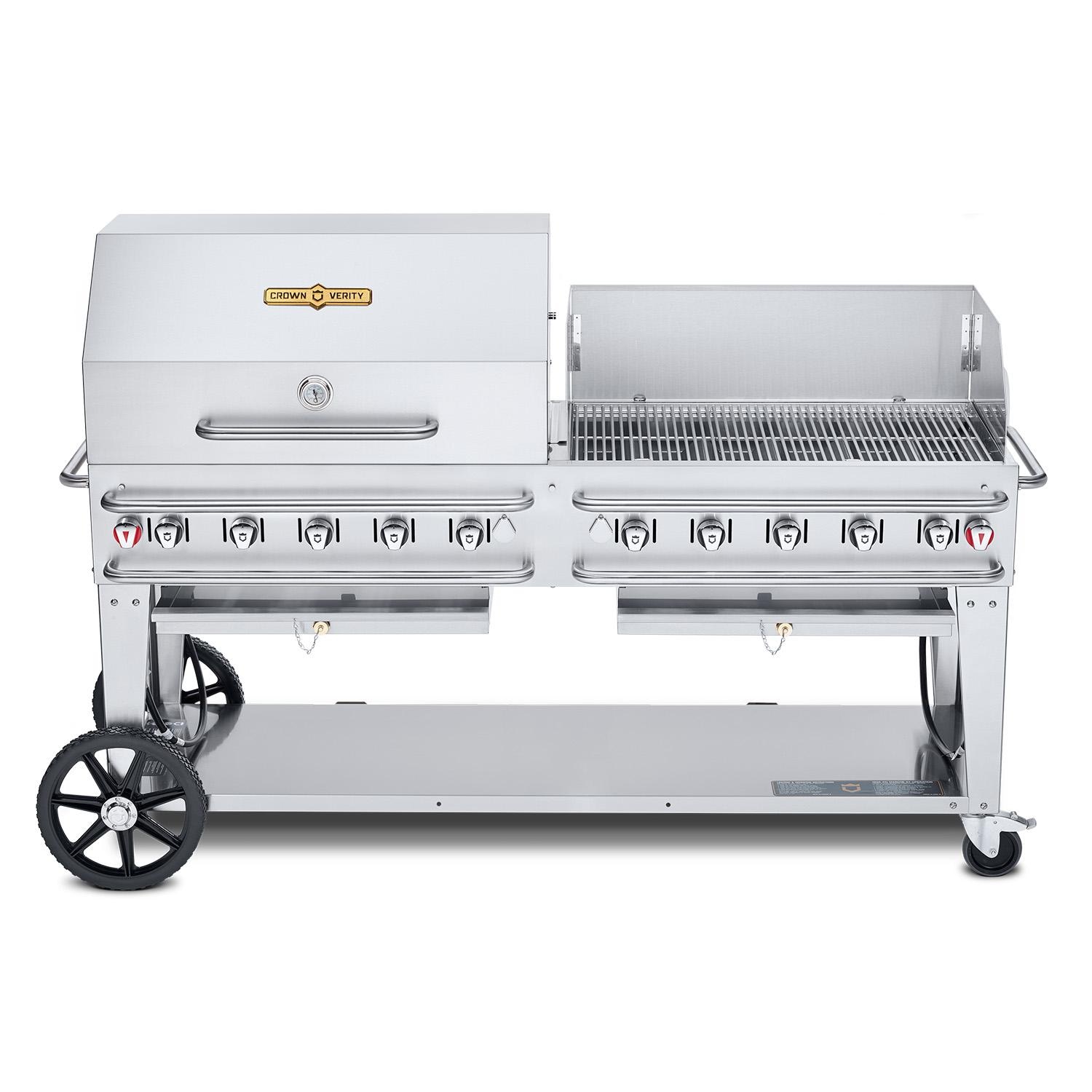 Crown Verity Professional Rental Series 72-Inch 10-Burner Stainless Steel Freestanding Propane Gas Grill with Single Dome Package & Windguard - Single Inlet (Bulk Tanks Only)