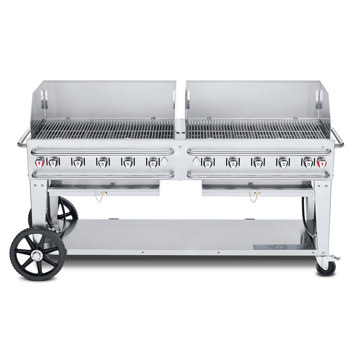 Crown Verity Professional Rental Series 72-Inch 10-Burner Stainless Steel Freestanding Propane Gas Grill with Windguards - 20 Lb Propane Tank